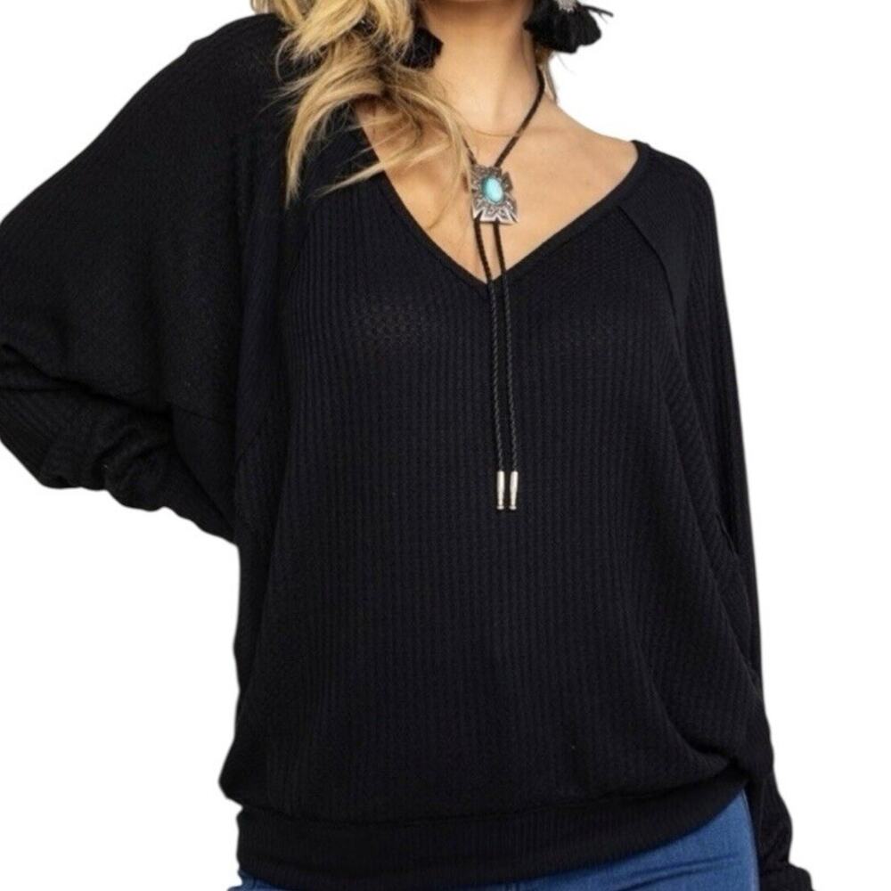 Free People Santa Clara Thermal Top Oversized Sz M Black We the Free Boho Waffle